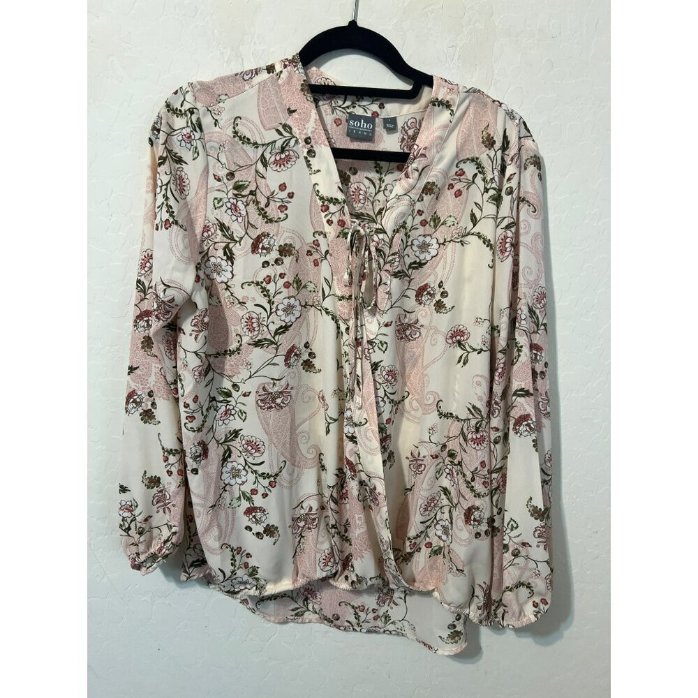 Soho New York & Co Jeans Sz L Floral Print Blouse Tie Front Crossover Hem